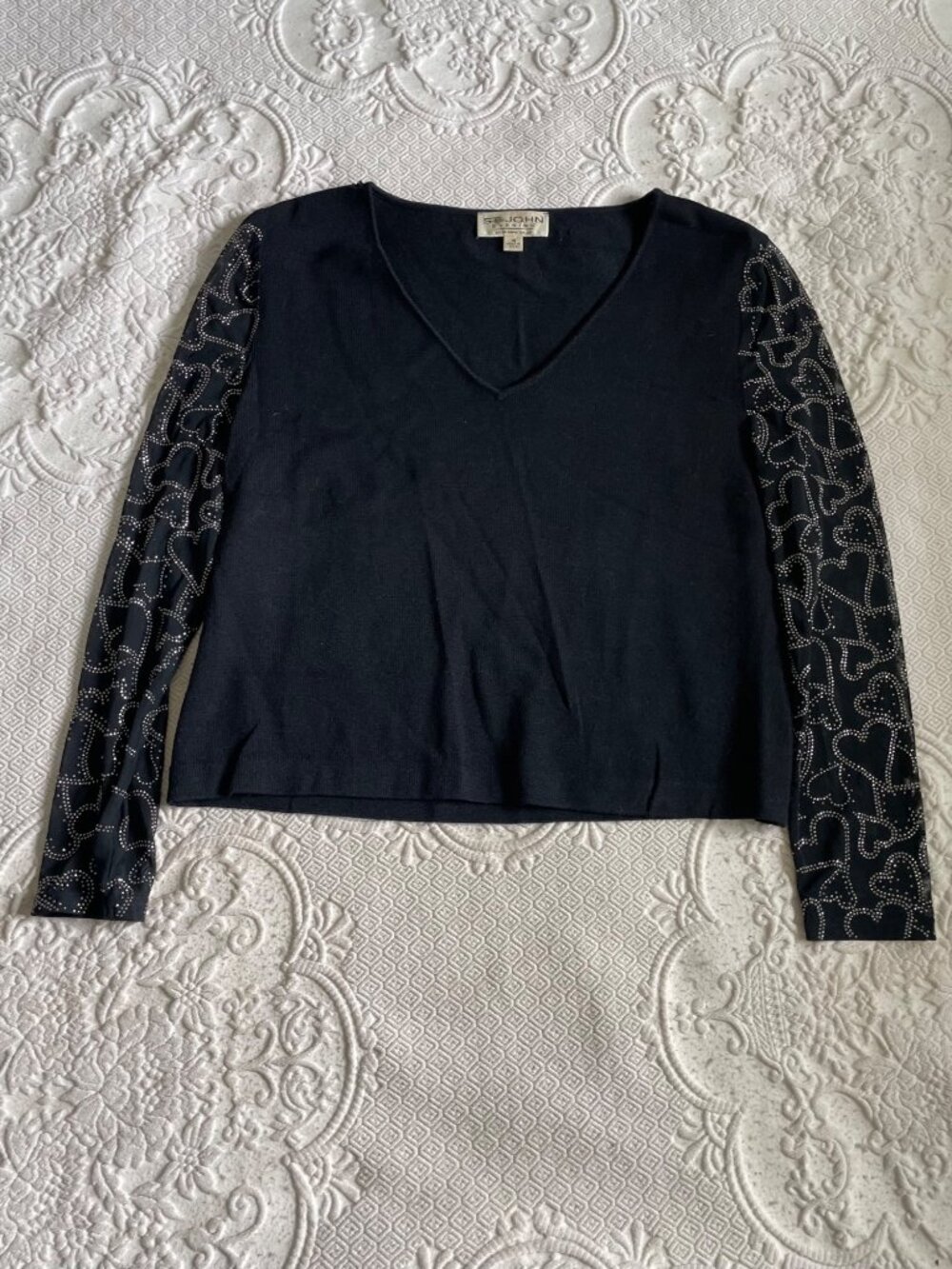 Vintage St. John Evening Black Knit Top Sheer Sleeves Silver Crystal Hearts